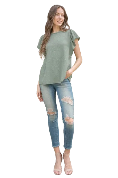 Butterfly Sleeve Textured Solid Top Light Olive - Pack of 6