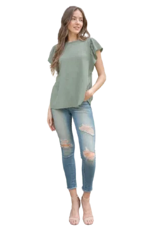 Butterfly Sleeve Textured Solid Top Light Olive - Pack of 6