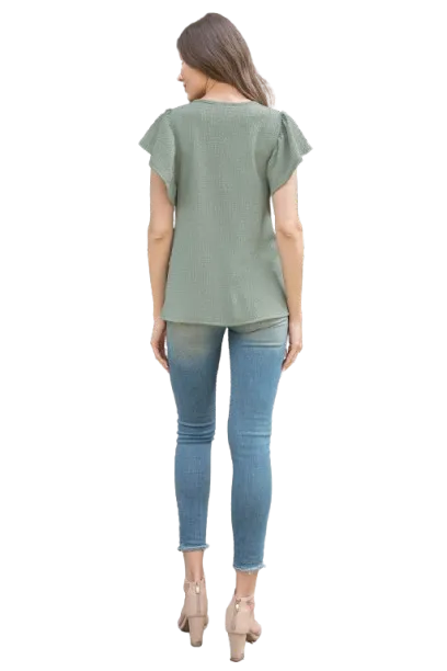 Butterfly Sleeve Textured Solid Top Light Olive - Pack of 6