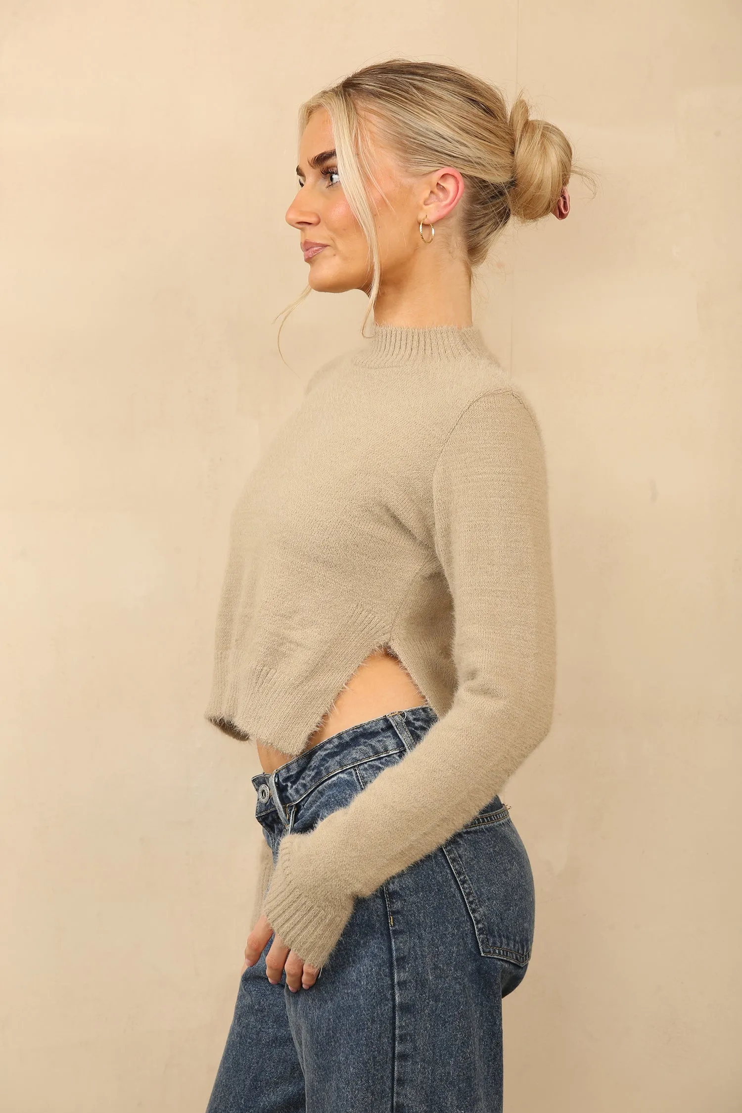 Camel High Neck Cropped Fluffy Side Split Jumper