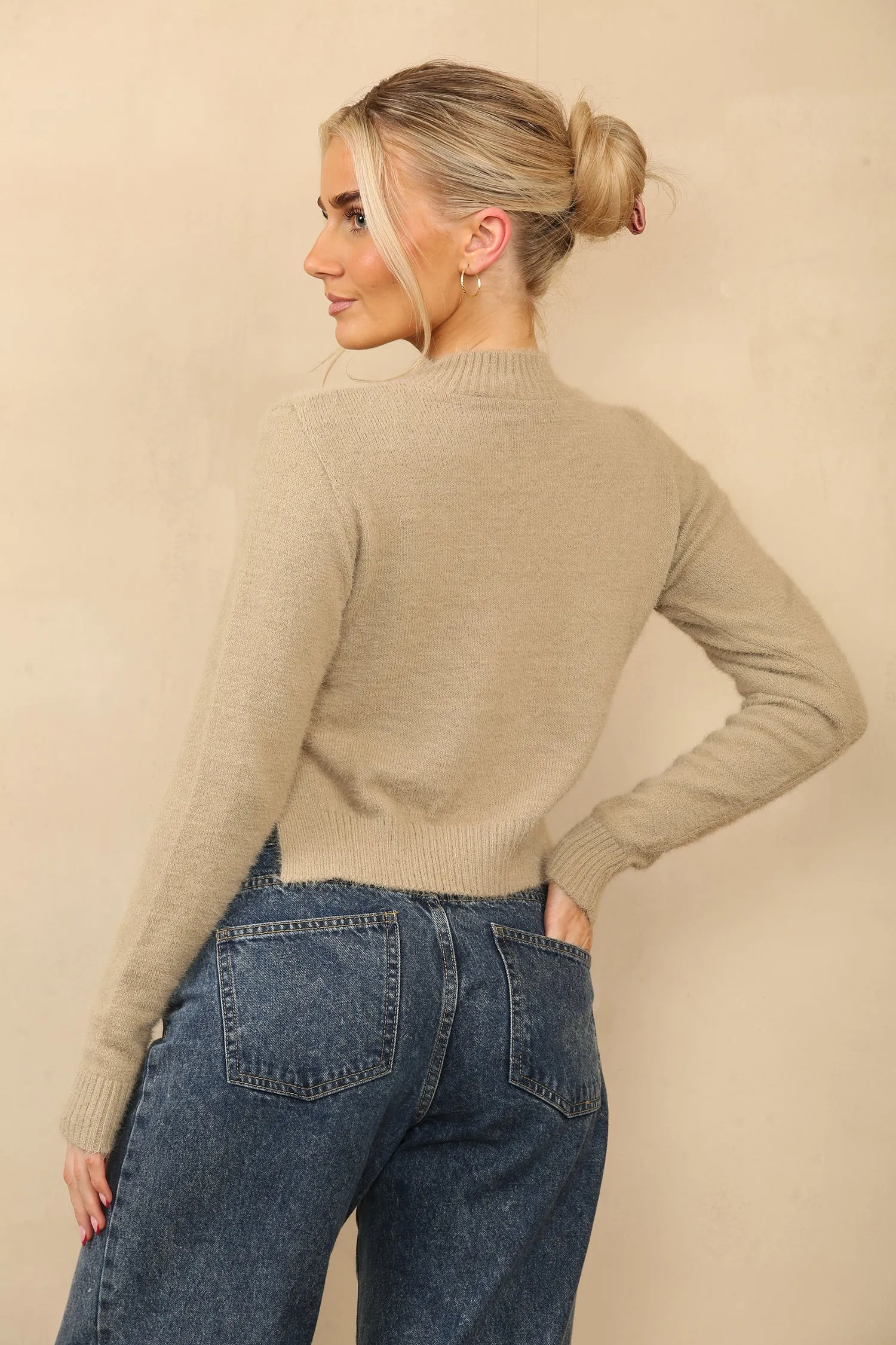 Camel High Neck Cropped Fluffy Side Split Jumper