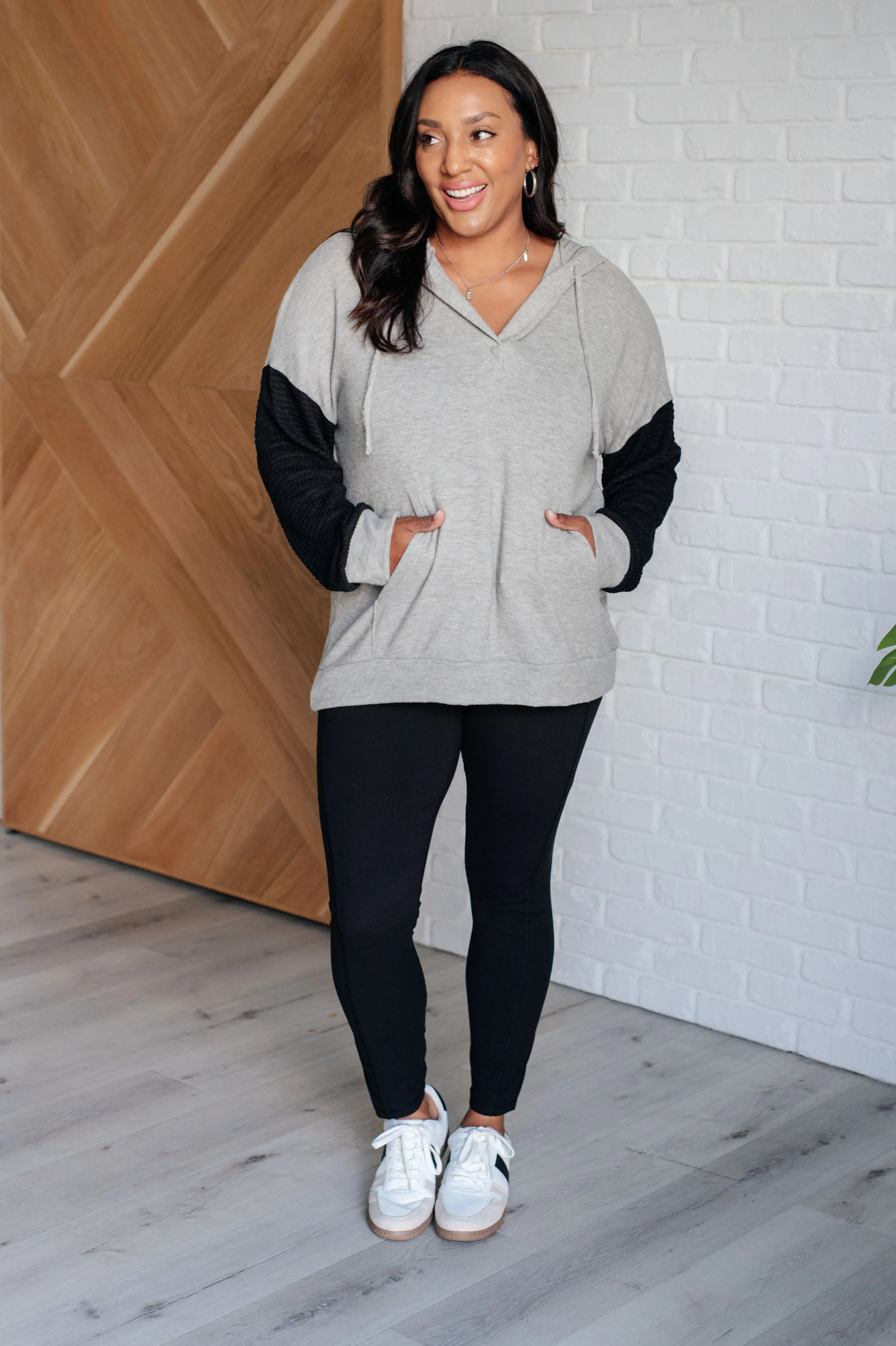 Cassie Color Block Hoodie – Brushed Hacci Knit, Waffle Knit Sleeves, Hooded V-Neckline
