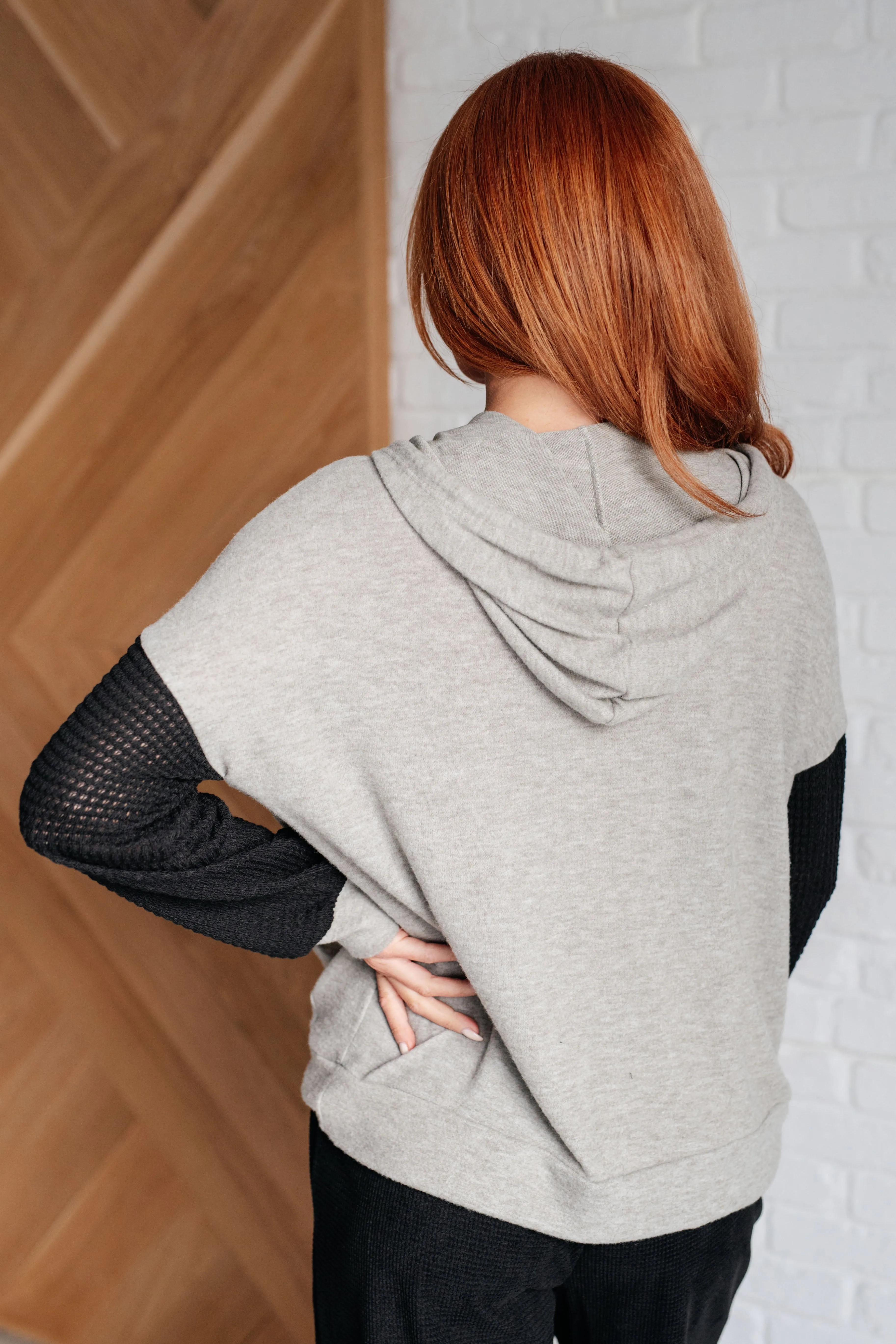 Cassie Color Block Hoodie – Brushed Hacci Knit, Waffle Knit Sleeves, Hooded V-Neckline