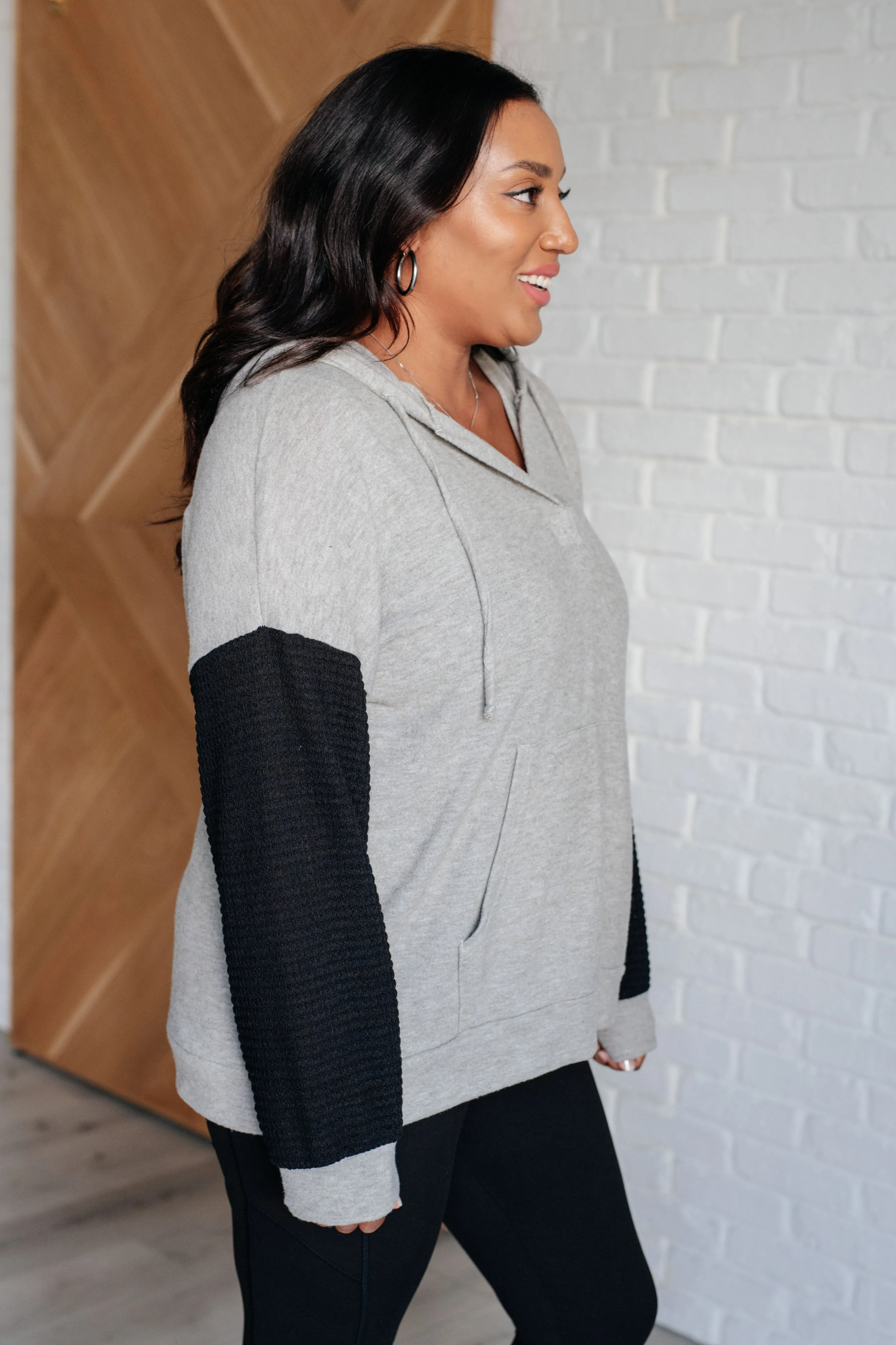 Cassie Color Block Hoodie – Brushed Hacci Knit, Waffle Knit Sleeves, Hooded V-Neckline