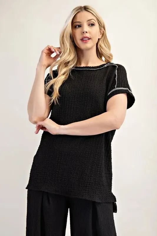Celeste Full Size Relaxed-fit Textured Top with Short Sleeves Plus Size