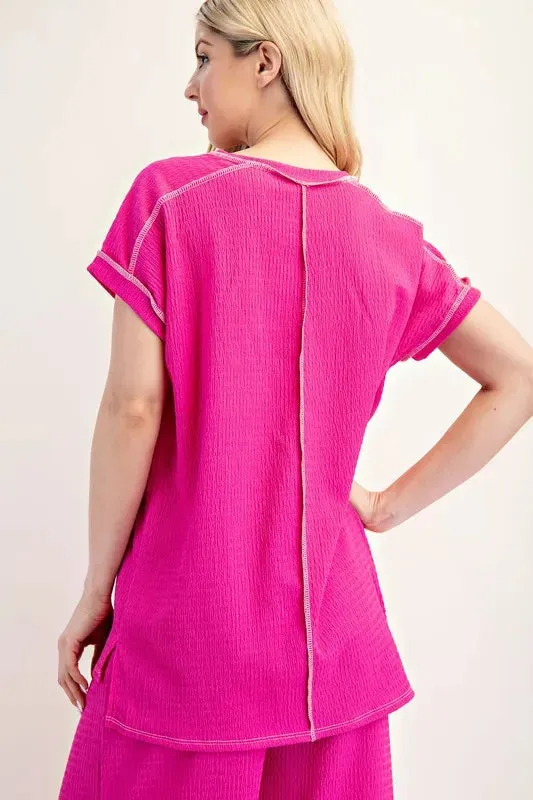Celeste Full Size Relaxed-fit Textured Top with Short Sleeves Plus Size