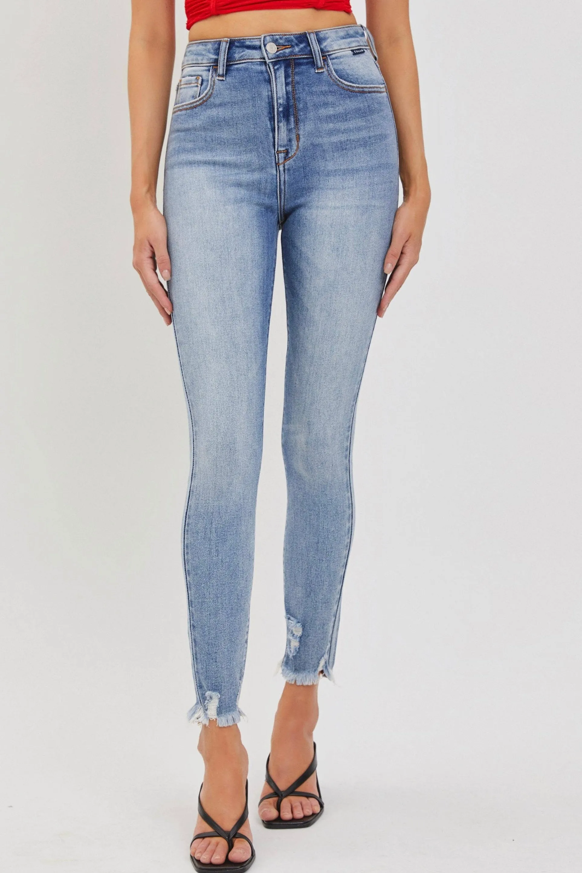 Cello High Rise Distressed Ankle Skinny Jeans in Medium Denim