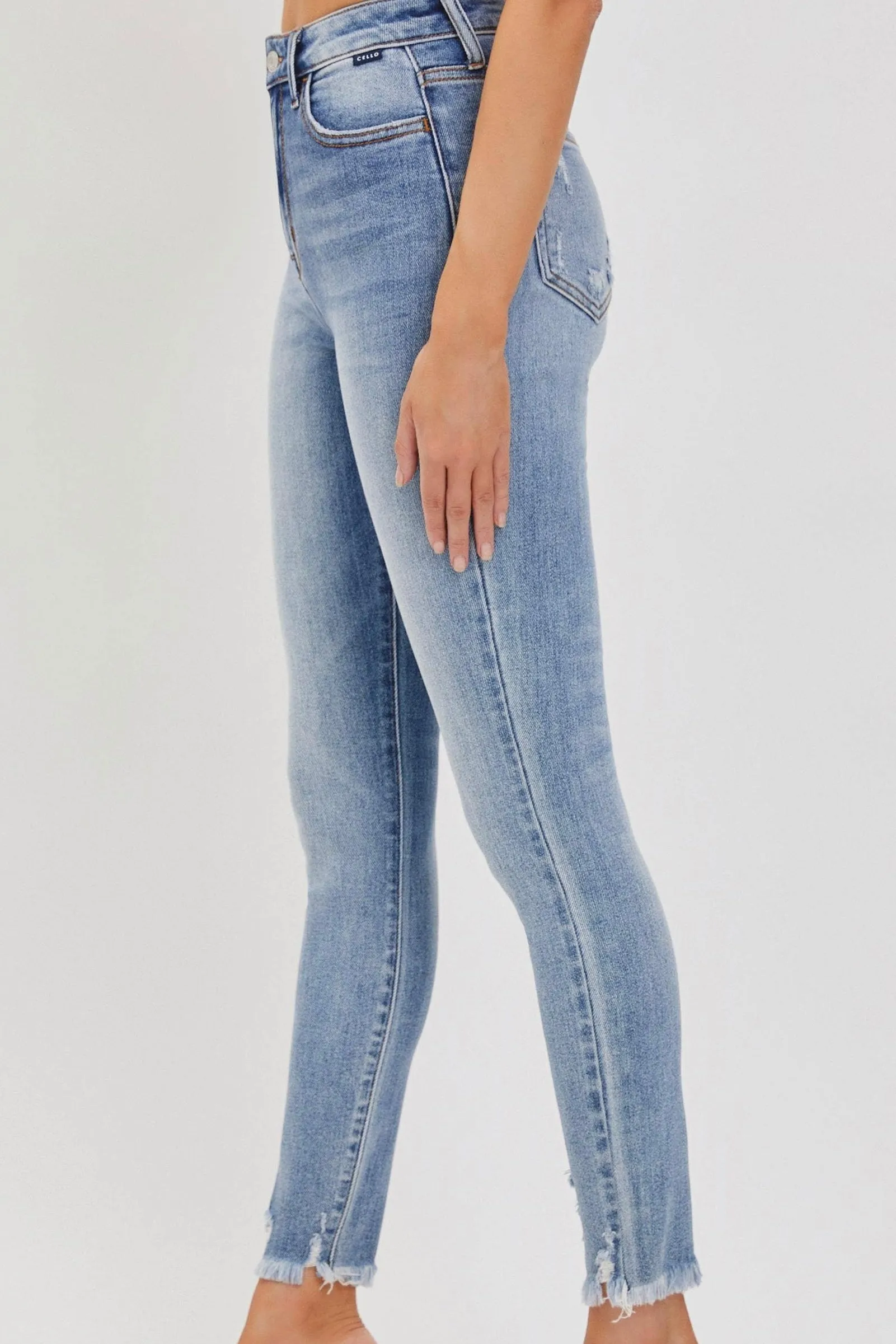 Cello High Rise Distressed Ankle Skinny Jeans in Medium Denim