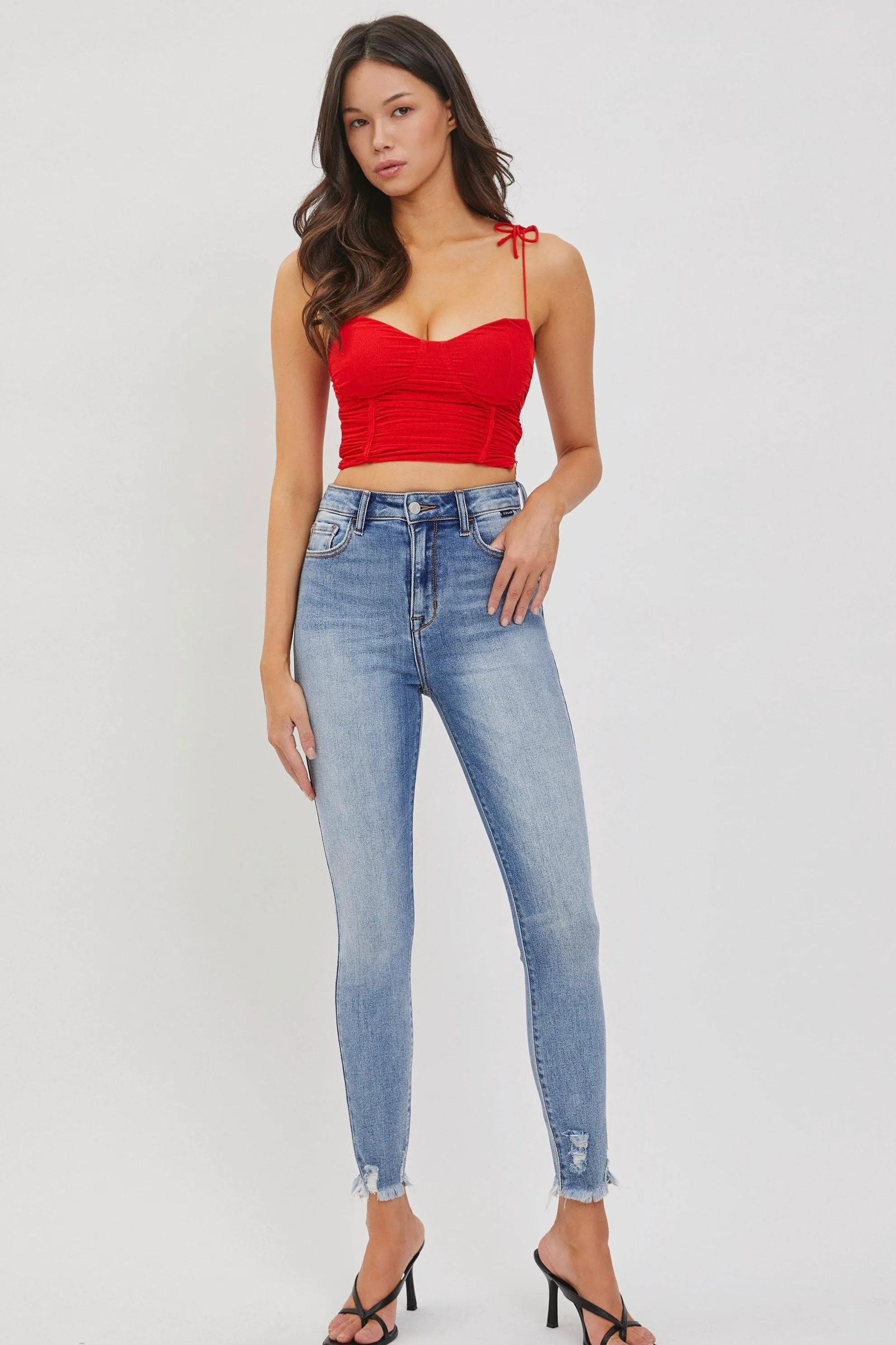 Cello High Rise Distressed Ankle Skinny Jeans in Medium Denim