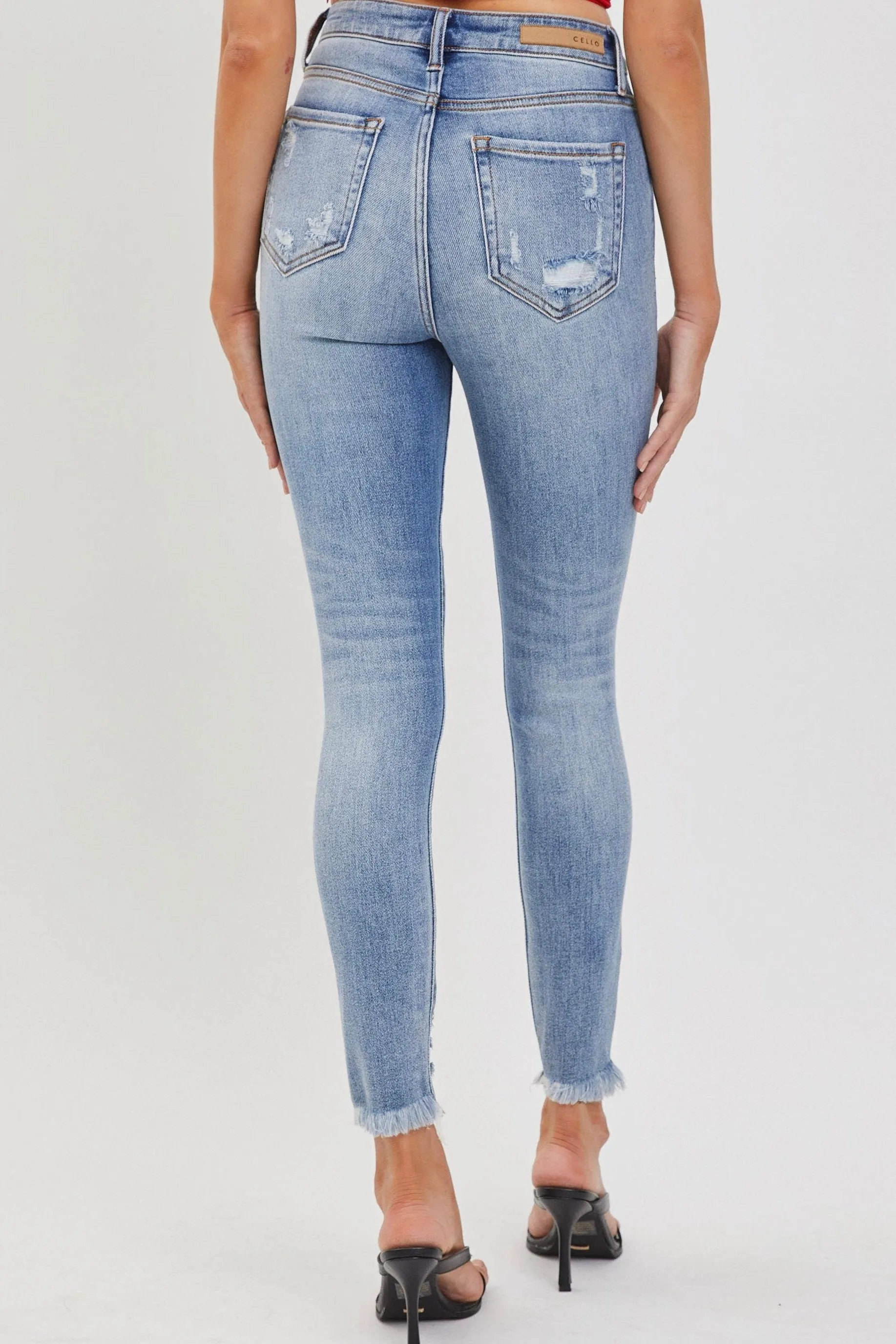 Cello High Rise Distressed Ankle Skinny Jeans in Medium Denim