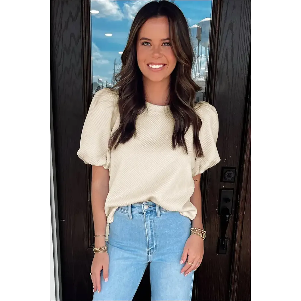 Chic Oatmeal Textured Puff Sleeve T-Shirt