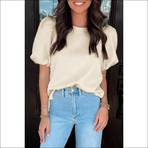 Chic Oatmeal Textured Puff Sleeve T-Shirt