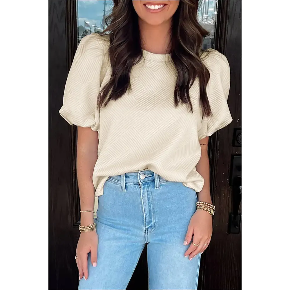 Chic Oatmeal Textured Puff Sleeve T-Shirt