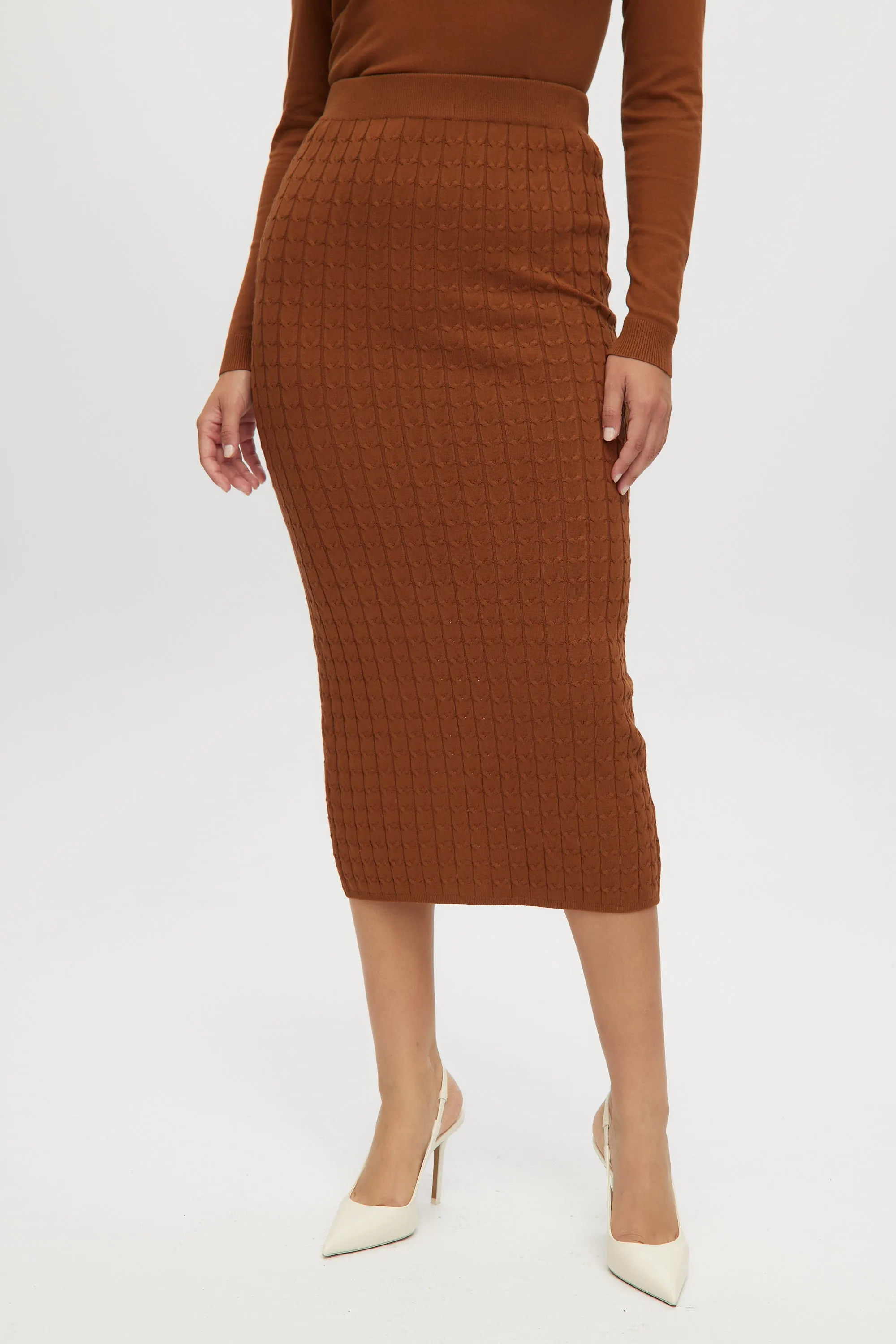 Chocolate V-neck Sweater & Cable Knit Midi Skirt 2pcs Set