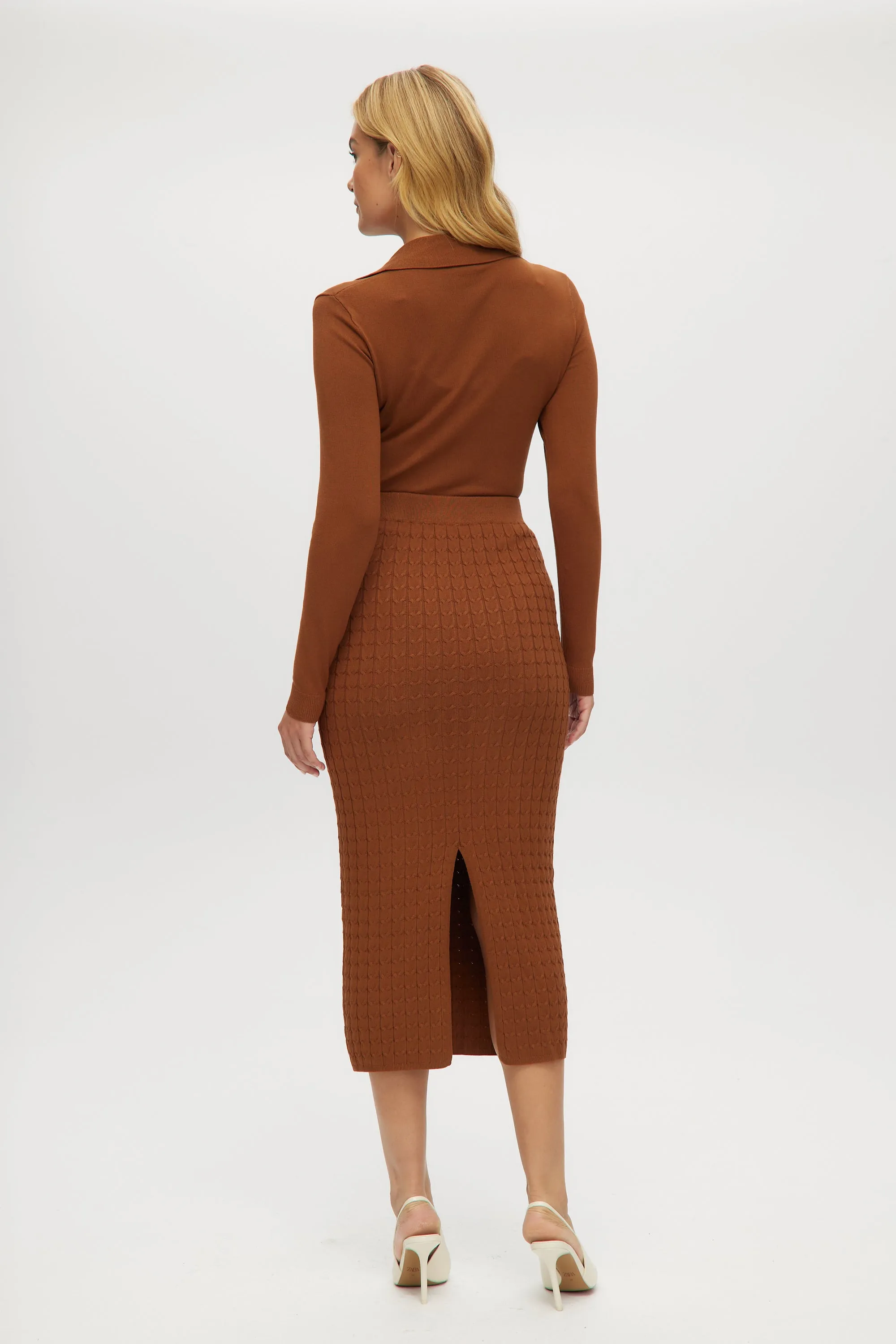 Chocolate V-neck Sweater & Cable Knit Midi Skirt 2pcs Set