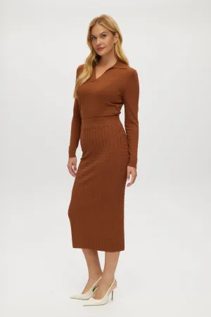 Chocolate V-neck Sweater & Cable Knit Midi Skirt 2pcs Set