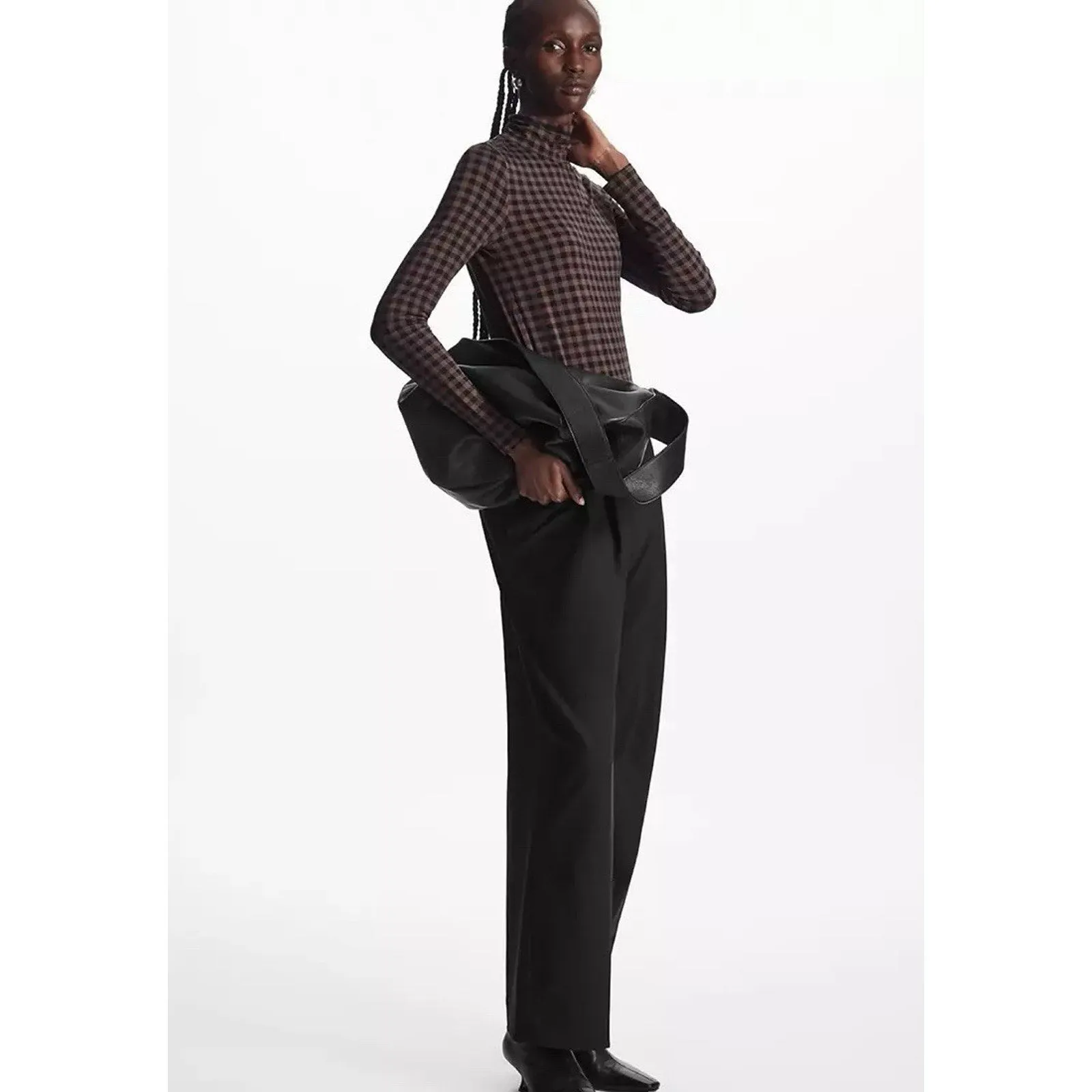 COS Women's High Neck Plaid Turtleneck – Long Sleeve, Stylish & Cozy (Size Small)