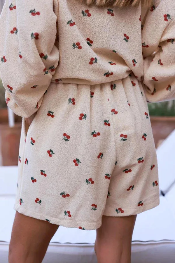 Cream Cherry Print Casual Terry Shorts