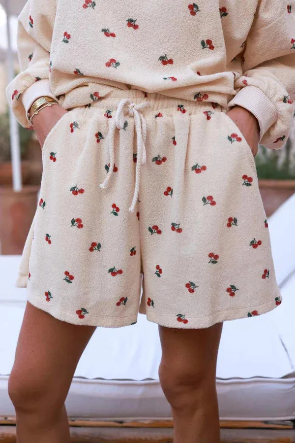 Cream Cherry Print Casual Terry Shorts
