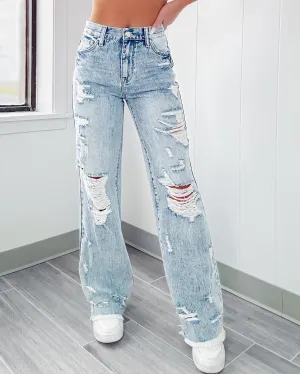 Daisy Destroyed High Rise Flare Jeans - Light Wash