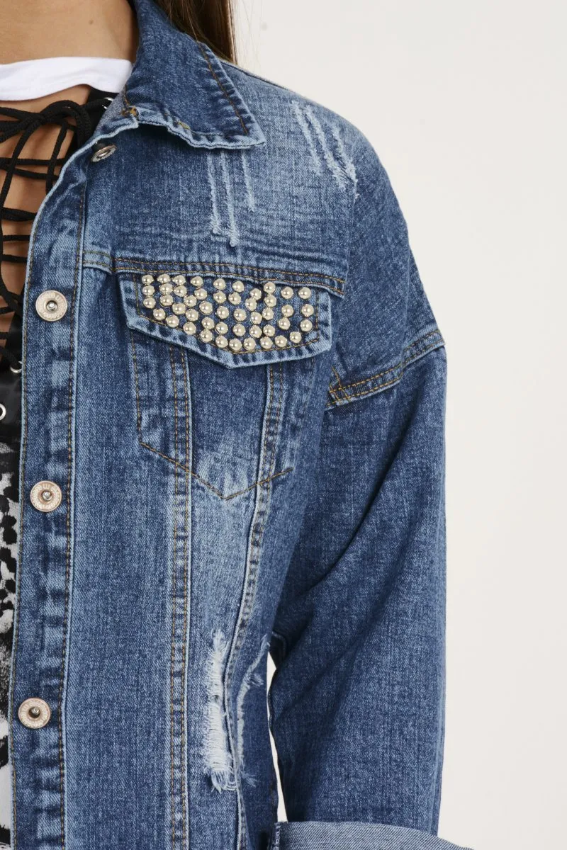 Dark Wash Pocket Studded Distressed Oversized Denim Jacket - Huda