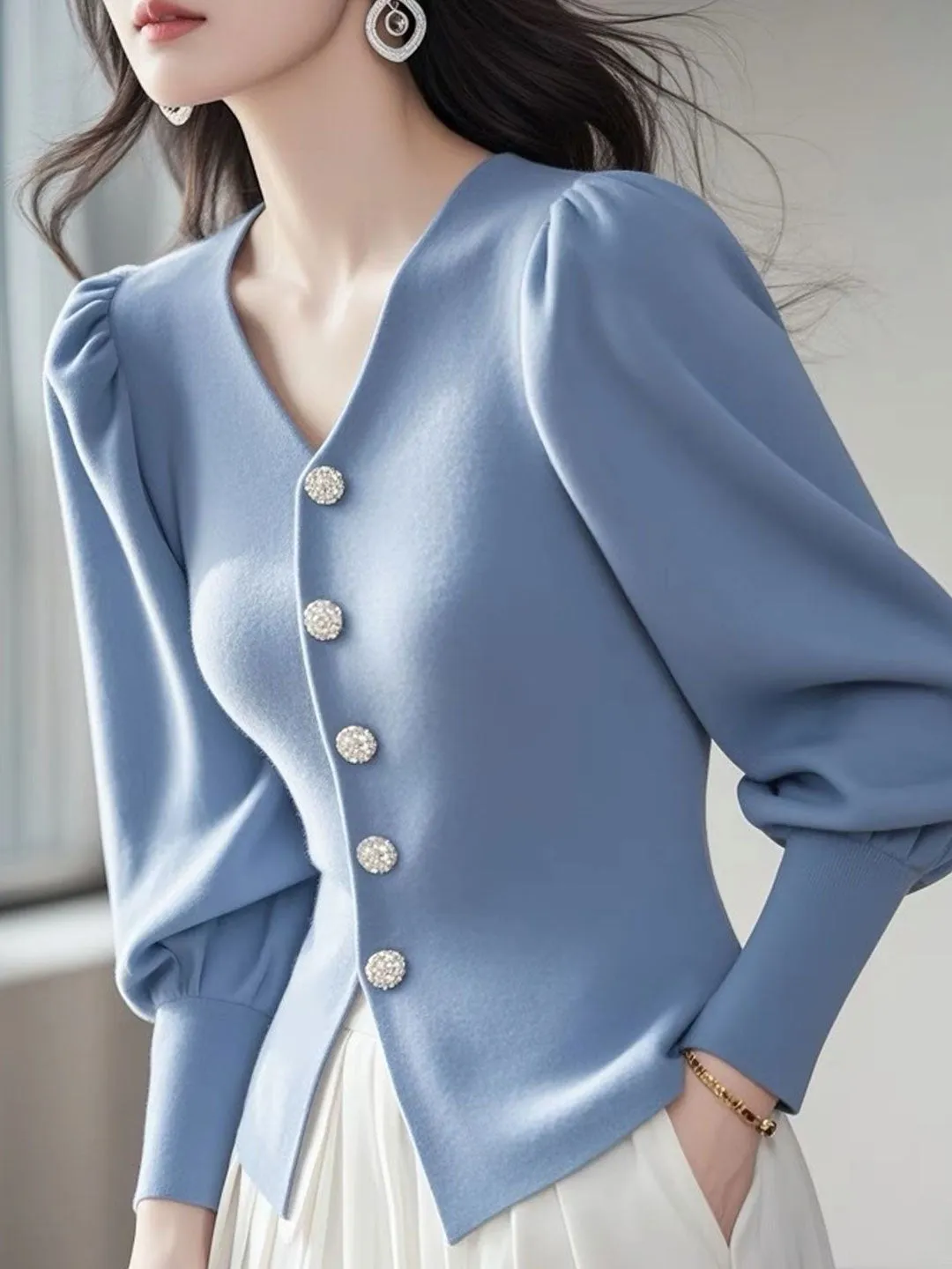 Delphine™ | Elegant V-Neck Puff Sleeve Cardigan