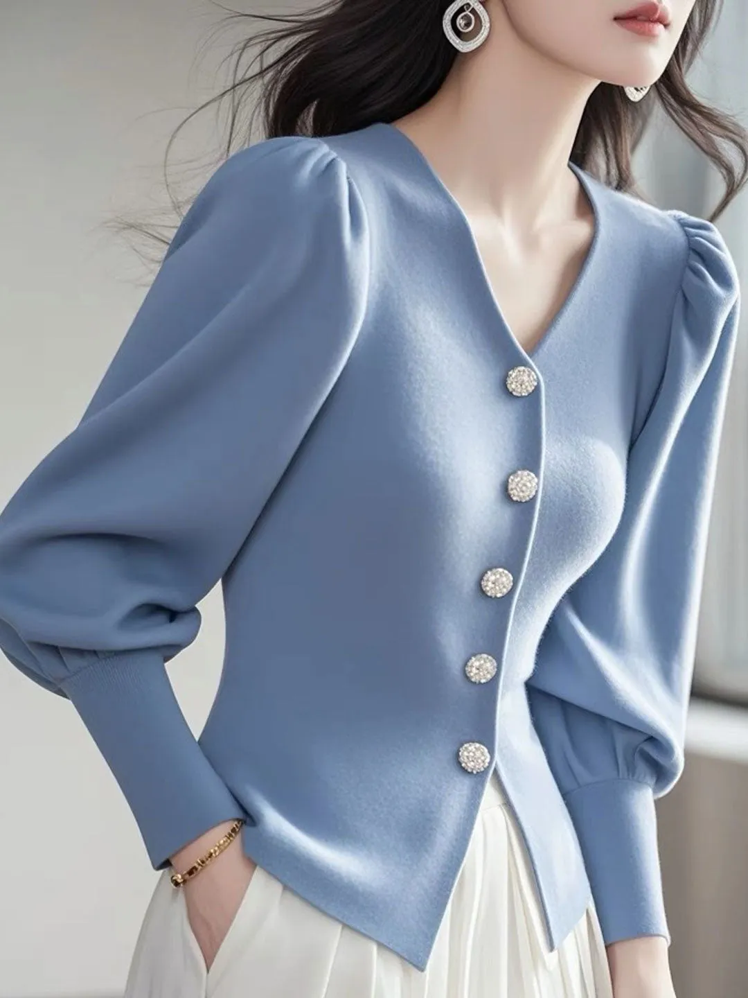 Delphine™ | Elegant V-Neck Puff Sleeve Cardigan