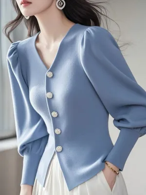 Delphine™ | Elegant V-Neck Puff Sleeve Cardigan