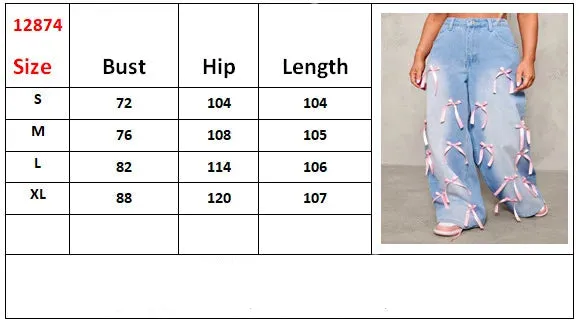Designer Bow High-Rise Wide Leg Jeans | Washed Baggy Denim Pants for Women with Pockets