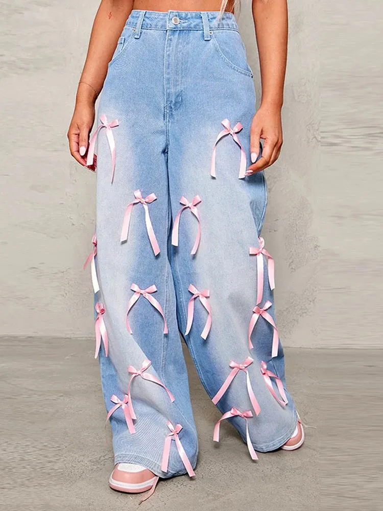 Designer Bow High-Rise Wide Leg Jeans | Washed Baggy Denim Pants for Women with Pockets