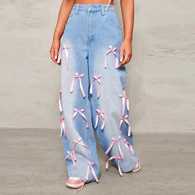 Designer Bow High-Rise Wide Leg Jeans | Washed Baggy Denim Pants for Women with Pockets