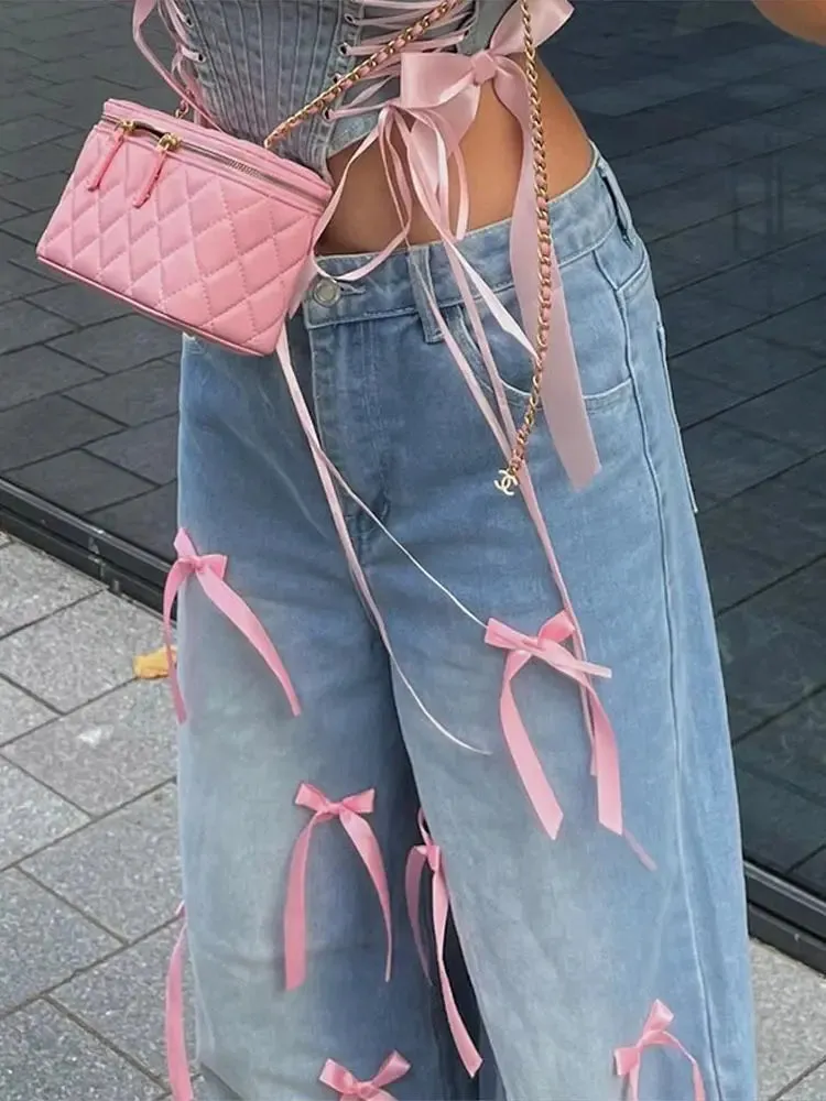 Designer Bow High-Rise Wide Leg Jeans | Washed Baggy Denim Pants for Women with Pockets