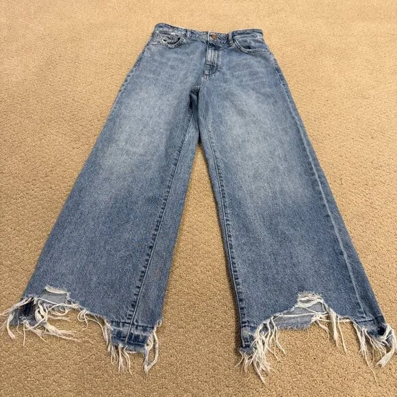 DL1961 Jeans Hepburn High Rise Wide Leg Crop Ankle in Slate Boho Raw Hem Size 26