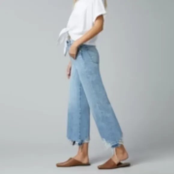 DL1961 Jeans Hepburn High Rise Wide Leg Crop Ankle in Slate Boho Raw Hem Size 26