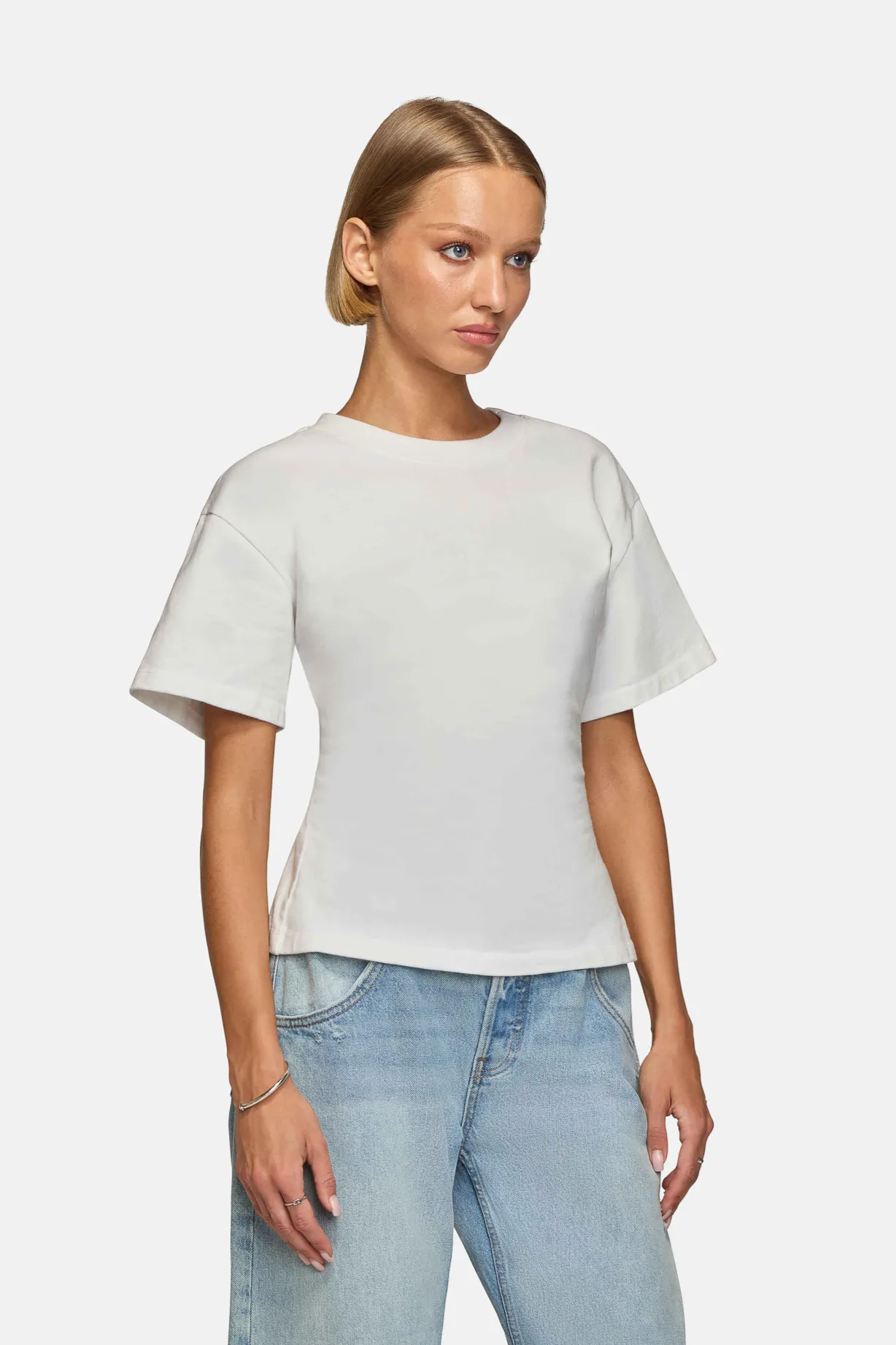 EB Denim Women's Eero White Structured Short Sleeve T-Shirt – Medium
