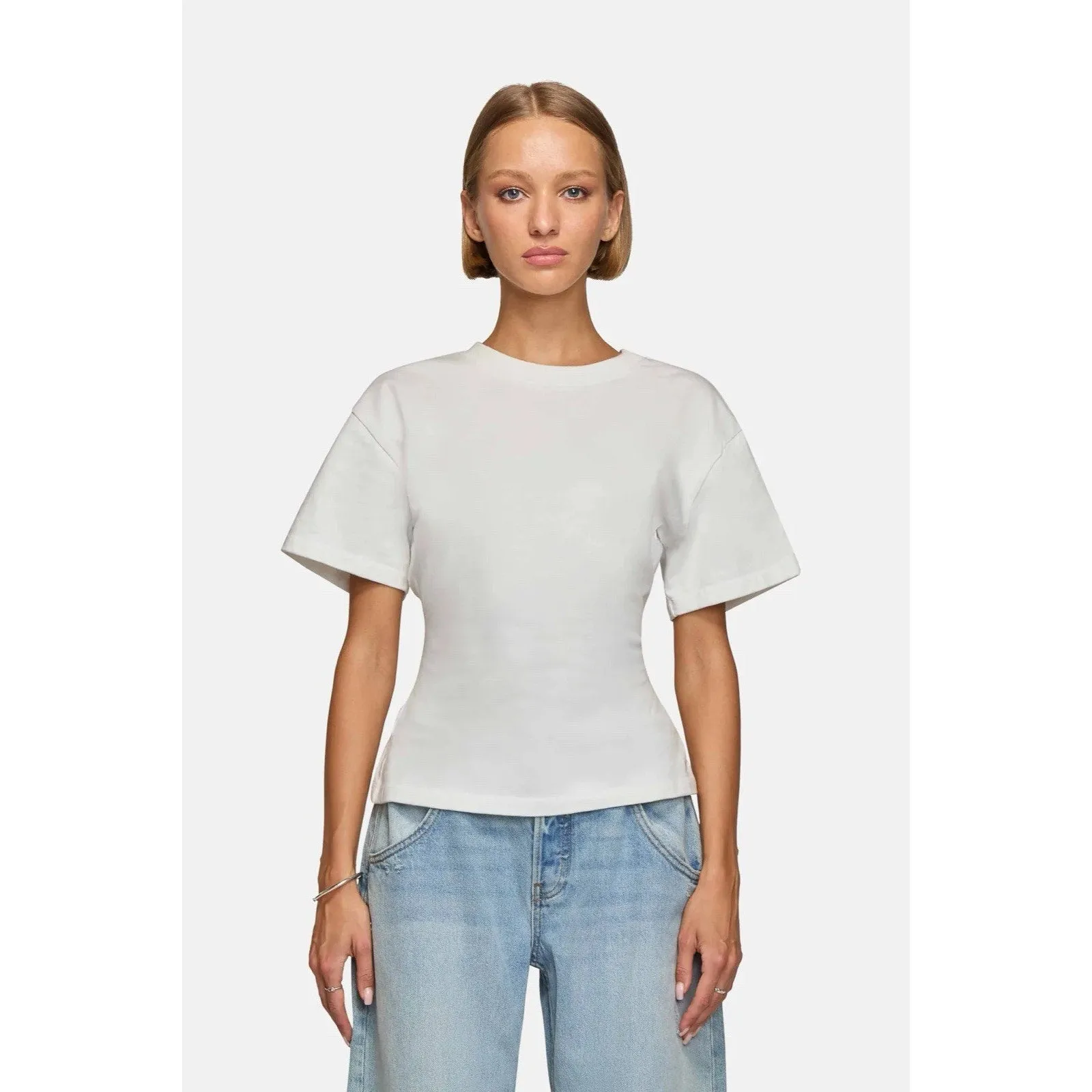EB Denim Women's Eero White Structured Short Sleeve T-Shirt – Medium