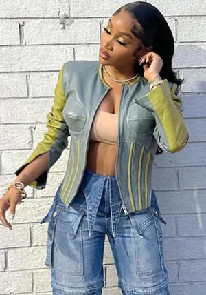 Edgy Slim-Waist Contrast Zipper Jacket with Modern Round Neck