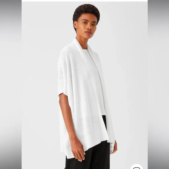 Eileen Fisher Organic Cotton Linen Slub Cardigan Womens Medium White Boxy Long