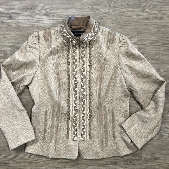 ELIE TAHARI Women’s Wool &amp; Silk Braided Textured Blazer Tan/Cream Size Large