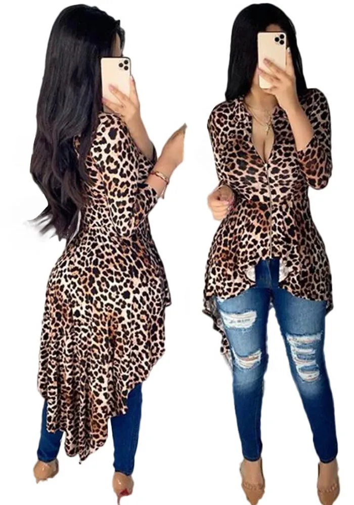 Fierce Asymmetrical Leopard Print High-Low Zipper Top