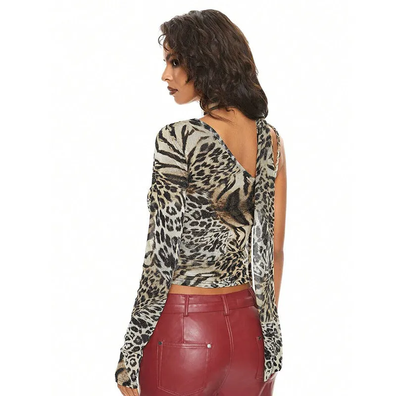 Fierce Leopard Print One-Shoulder Mesh Top with Irregular Neckline
