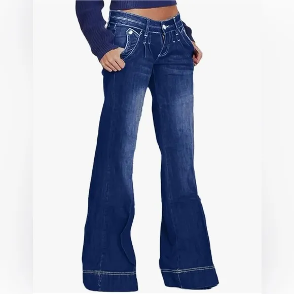 Flamingals Low Rise Straight wide Leg Baggy Jeans Stretch Boyfriend Butterfly