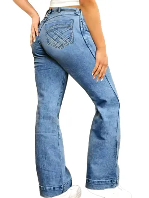 Flamingals Womens Bootcut Jeans Butt Lifting Embroidered Pocket Stitch Detail Stretchy Jeans Light Blue XL