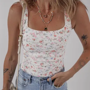 Floral Textured Square Neck Sleeveless Bodysuit