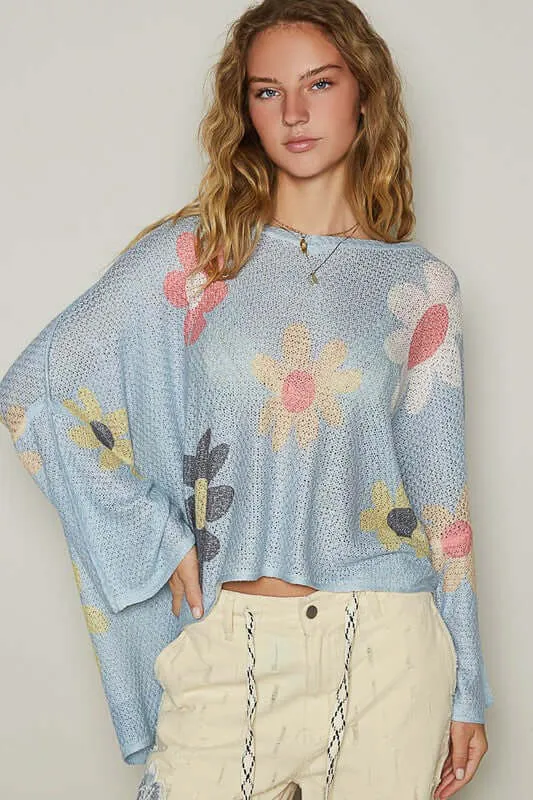 Flower Dropped Shoulder Knit Top | Soft, Cozy