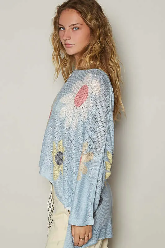 Flower Dropped Shoulder Knit Top | Soft, Cozy