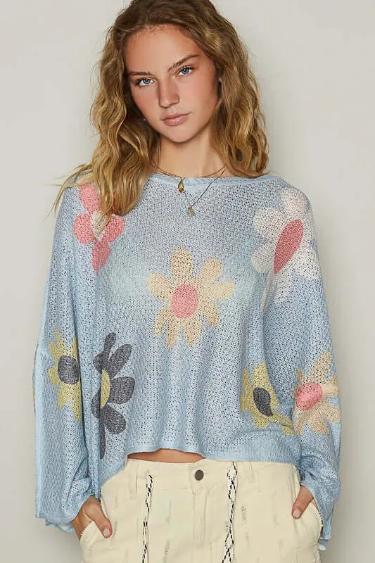 Flower Dropped Shoulder Knit Top | Soft, Cozy