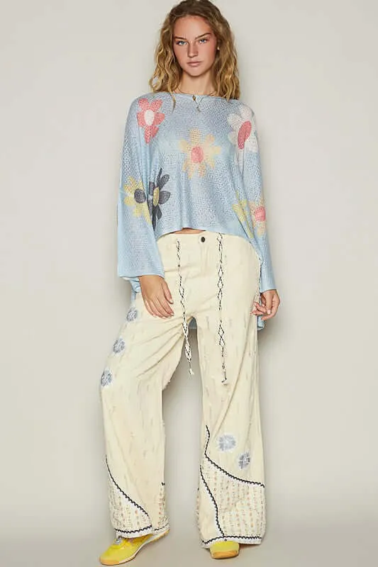 Flower Dropped Shoulder Knit Top | Soft, Cozy