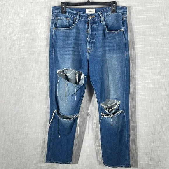 FRAME Le Original Straight-Leg High Rise Distressed Cutoff Cropped Jeans Size 30