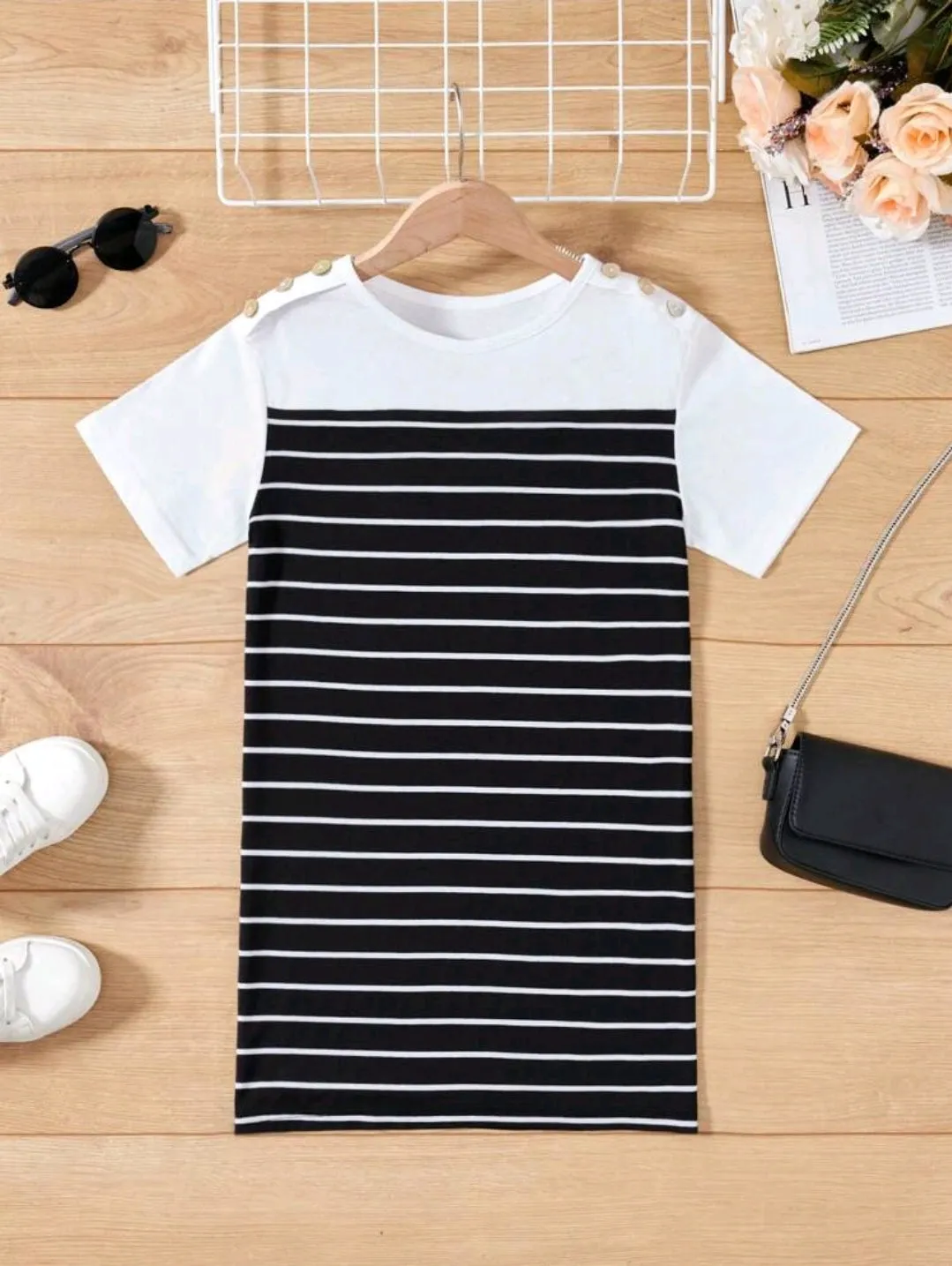 French Striped Mix Match Dress with Button Detail